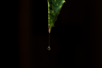 juice falling from a fresh Aloe Vera leaf