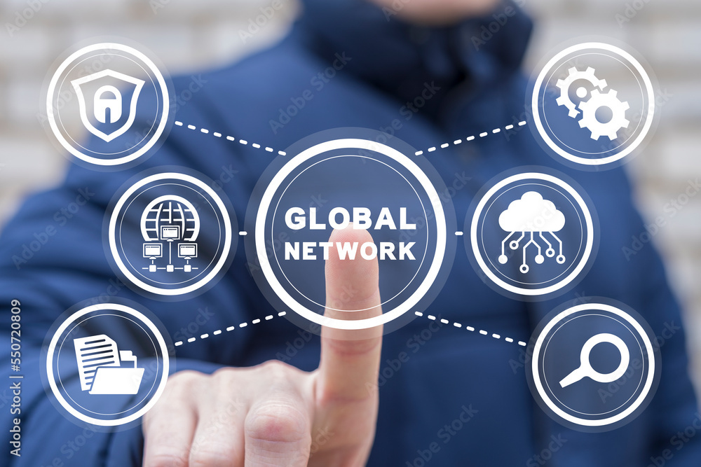 Poster businessman using virtual touchscreen presses inscription: global network. concept of global communi