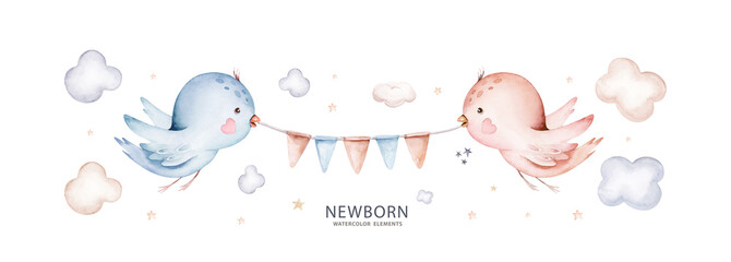 Watercolor newborn Baby Shower greeting card with babies boy. Birthday set of new born baby and pregrand women invitation. - obrazy, fototapety, plakaty