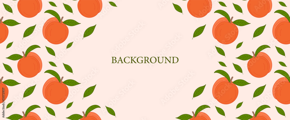 Poster peach or abricot background. peach frame for banner. abricot background with leaves with copy space.