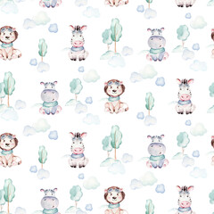 Watercolor airplane kid seamless pattern. Watercolor toy background baby cartoon cute pilot hippopotamus, zebra with hippo, lion aviation sky transport airplanes, clouds.