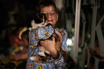 Boy  playing with kitty at home during a blackout using alternative lighting.