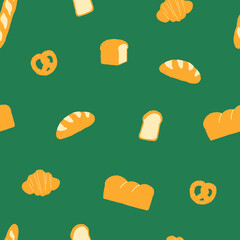 Bakery seamless pattern. Bread, baguette, toast, croissant vector background design