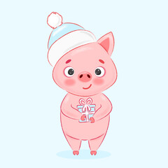 pink pig in a blue hat and with a gift