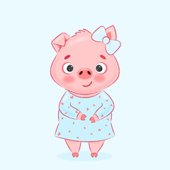 pink pig in a blue dress with hearts and a bow on her ear