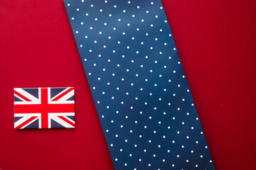 Abstract flat lay backdrop, UK flag on red and blue polka dot flatlay background for holiday design...