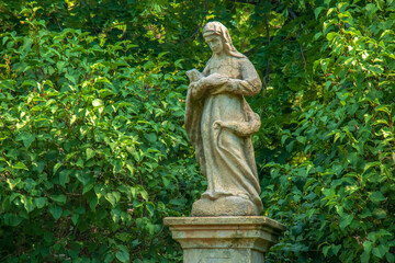 Calvary in Nitra city with Zobor hill, Slovak republic. Religious place. Cultural heritage. Travel destination. Sculpture at the foot of the hill.