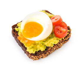 Delicious toast with boiled egg and avocado on white background