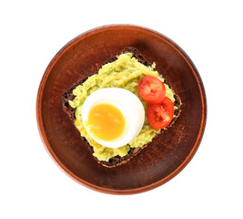 Plate of delicious toast with boiled egg and avocado on white background