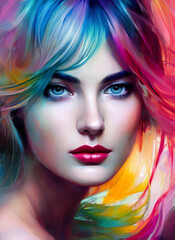 Fototapeta premium Colorful painting of a beautiful woman's face, Portrait of a beautiful woman, Abstract Illustration of a beautiful girl