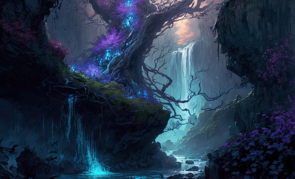 Fantasy Magical Landscape Forest With Blue And Purple, Digital Concept Art. Fantasy Landscape, Harmonious Color.