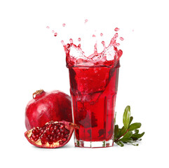Glass of tasty pomegranate juice with splashes and fresh fruits isolated on white background