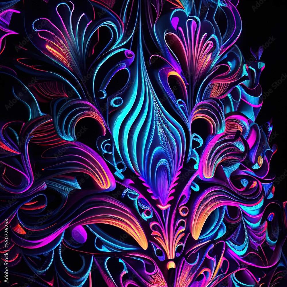Poster illustration of abstract colorful waves and lines with dark background