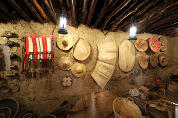 old traditional crafts in old arab mud house interior- Al Malad heritage Museum - Al Baha , Saudi...
