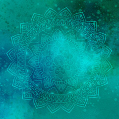 Abstract blue and green watercolor background with mandala. Watercolor background for invitations, cards, posters. Texture, abstract background, color splashing