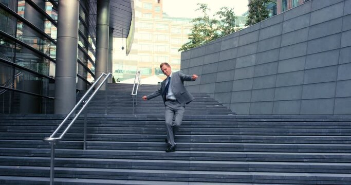 Dance, Success Or Businessman In Celebration At Steps Walking After A Job Interview, Promotion Or Corporate Deal. New York, Excited, Or Happy Dancing Employee Celebrates Sales Goals Or Target In City