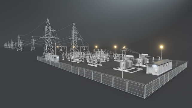 Electrical distribution substation with power lines and transformers on a dark background. 3d render