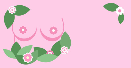 Fototapeta na wymiar breasts illustration, breast cancer awareness month, vector illustration of breasts with flowers and green leaves, pink background, copy space on the right, women's health horizontal banner