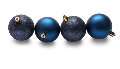 Row of blue Christmas balls isolated on white background