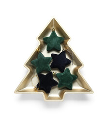 Plate in shape of Christmas tree with decorations on white background