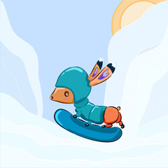 Cute cartoon Snowboarding Dachshund illustration. Great for Winter backgrounds, cards, stickers, banners. Vector