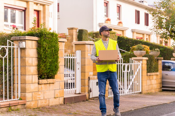 Fototapeta na wymiar Package delivery driver from an online store, with a box in hand in some homes
