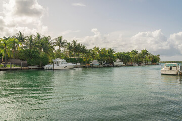 Boat docks under the cloudy skyline at Miami bay, Florida