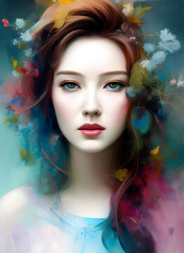 Colorful painting of a beautiful woman's face, Portrait of a beautiful woman with flowers.
