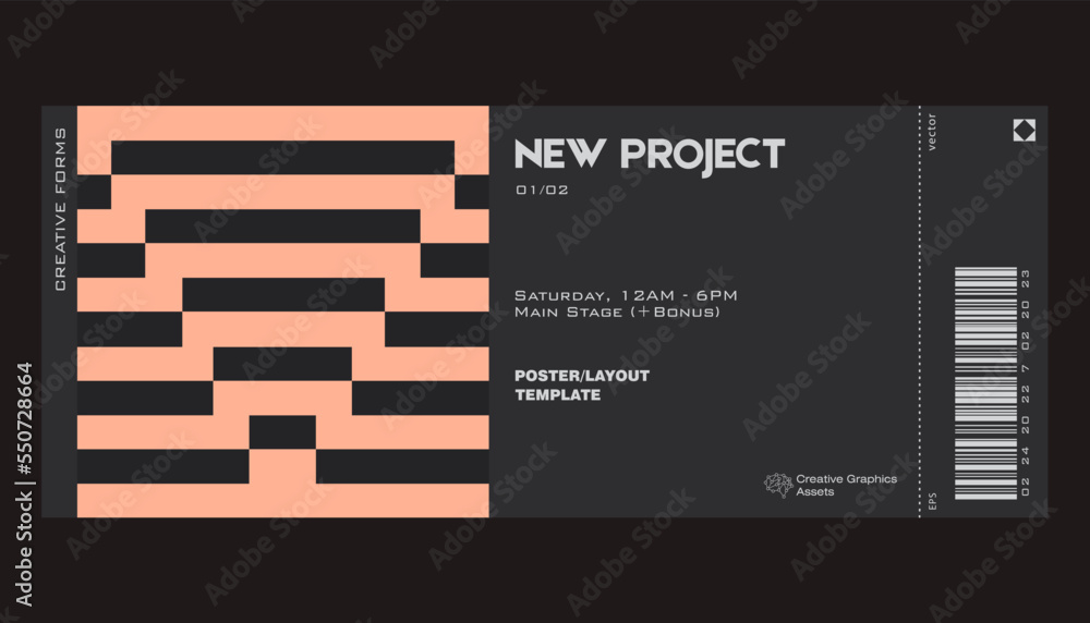 Poster ticket vector template layout with abstract vector geometric shapes. brutalism inspired graphics. gr