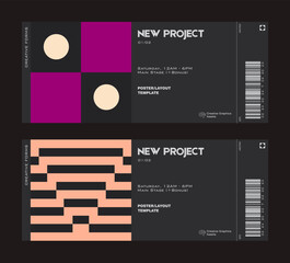 Fototapeta na wymiar Ticket vector template layout with abstract vector geometric shapes. Brutalism inspired graphics. Great for branding presentation, poster, cover, art, tickets, prints, etc.