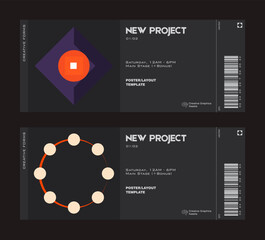 Ticket vector template layout with abstract vector geometric shapes. Brutalism inspired graphics. Great for branding presentation, poster, cover, art, tickets, prints, etc.