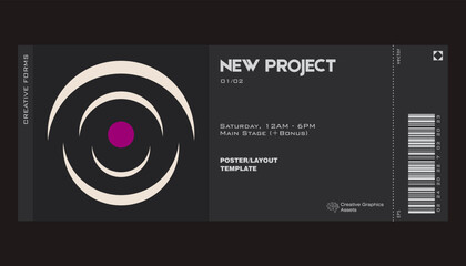 Fototapeta premium Ticket vector template layout with abstract vector geometric shapes. Brutalism inspired graphics. Great for branding presentation, poster, cover, art, tickets, prints, etc.