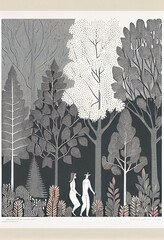 Forest family lino cut art