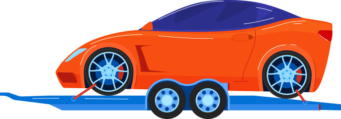 Car at industry vehicle, isolated on white vector illustration. Heavy automobile transport at truck, road. Traffic transportation, shipment