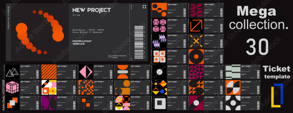 Aufkleber mega collection. ticket vector template layout with abstract vector geometric shapes. brutalism insp