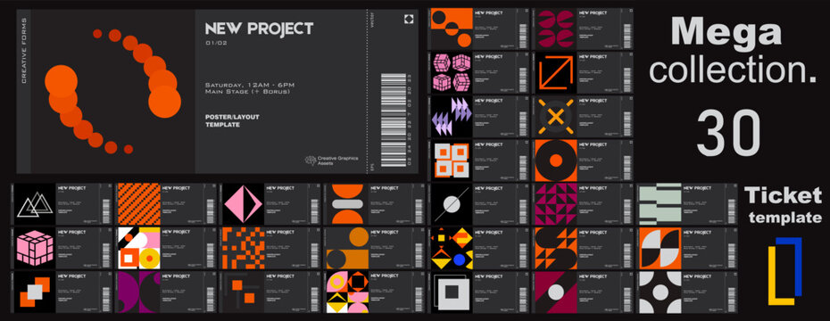 Mega collection.
Ticket vector template layout with abstract  vector geometric shapes. Brutalism inspired graphics. Great for branding presentation, poster, cover, art, tickets, prints, etc.
