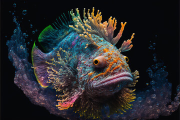 Fototapeta na wymiar Rare sea fish, abyssal, colorful, spikes, red, blue
