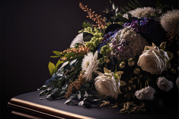 Funeral flowers presented upon a coffin at the event of someone's passing close-up
