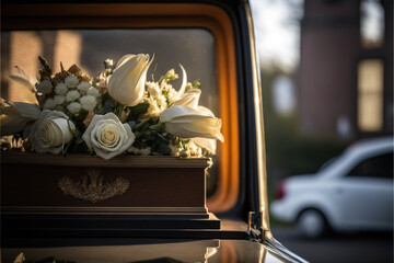 Funeral flowers white roses and lilies inside a hearse at a funeral on a beautiful yet sad day - obrazy, fototapety, plakaty