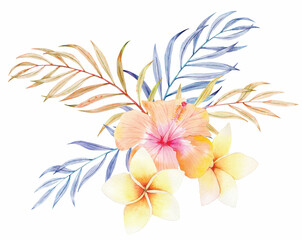 Tropical tender Palm leaf Frangipani Plumeria hibiscus Golden blue Wedding Invitation