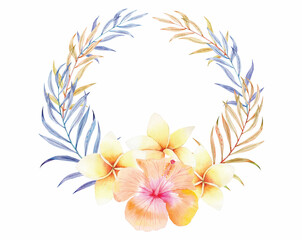 Obraz na płótnie Canvas Tropical color tender wreath Palm leaf Frangipani Plumeria Golden color Wedding invitation Light