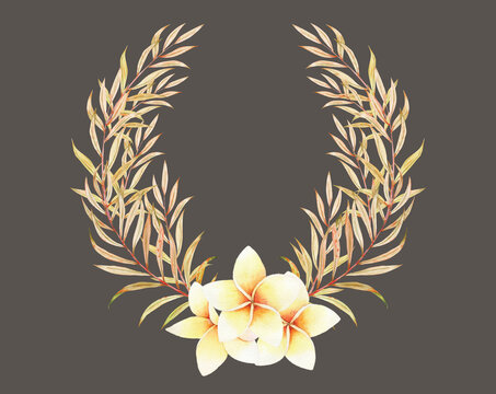 Tropical tender wreath Palm leaf Frangipani Plumeria Golden color Wedding invitation Neutral