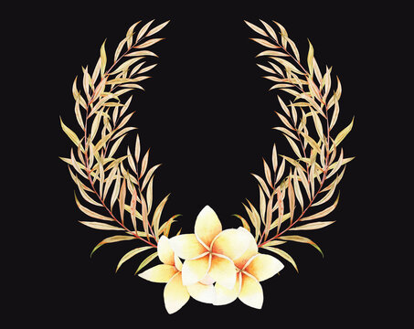 Tropical tender wreath Palm leaf Frangipani Plumeria Golden color Wedding invitation Dark