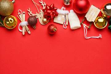 Beautiful Christmas toys on red background