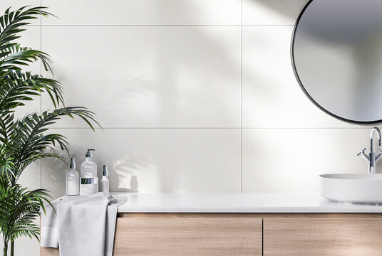 Close up view of empty modern contemporary sink counter in the bath room for copy space 3d render There are wooden counter and white tile wall decorated with white palm tree
