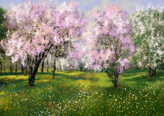 Paintings landscape, spring, tree in bloom, blooming tree in spring. Artwork, fine art