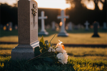 Funeral flowers white roses and lilies lie on the green pasture of a cemetery on a beautiful day during golden hour - obrazy, fototapety, plakaty