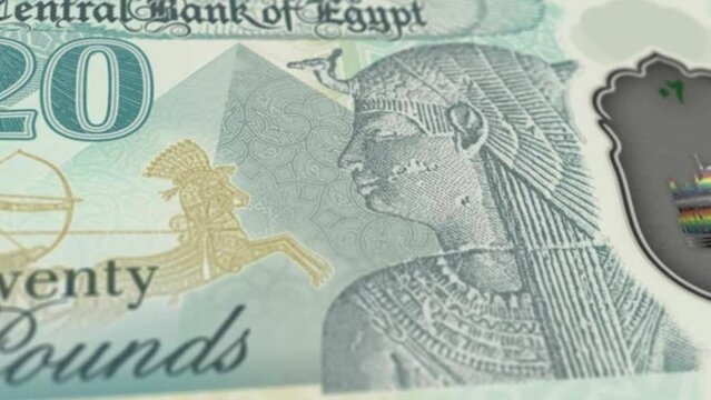 Egypt Egyptian Pound 20 Banknotes, Twenty Egyptian Pound, Close-up and macro view of the Egyptian Pound, Tracking and Dolly Shots 20 Egyptian Pound banknote Observe and Reserve Side, Egyptian Pound