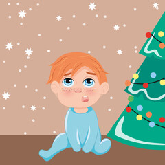 Christmas card, kid with christmas tree