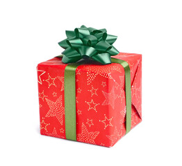 Christmas gift box with green bow on white background